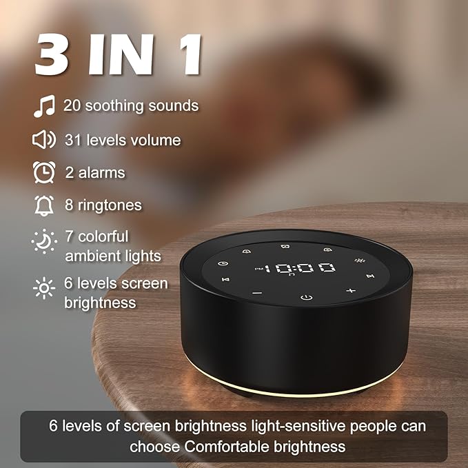 White Noise Sound Machine Alarm Clock 7 Colors Night Light Sound Machine for Adult/Baby 20 Soothing Sounds 31 Level Volume 6 Level Screen Brightness 5 Timer Set Memory Function Touch Control