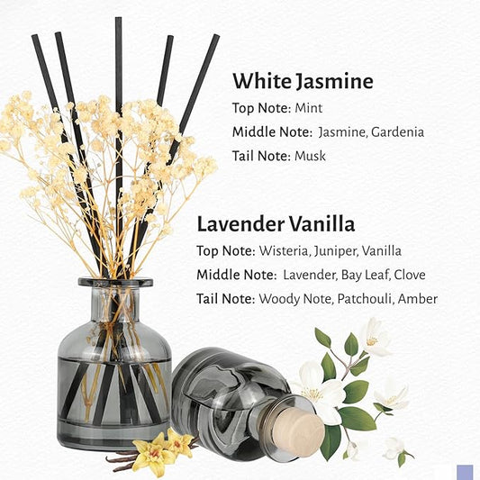 Brakula 2 Pack Reed Diffuser, White Jasmine+Lavender Vanilla (3.38 fl oz Each Pack), Home Fragrance with 12 Sticks, Shelf Decor, Reed diffusers for Home