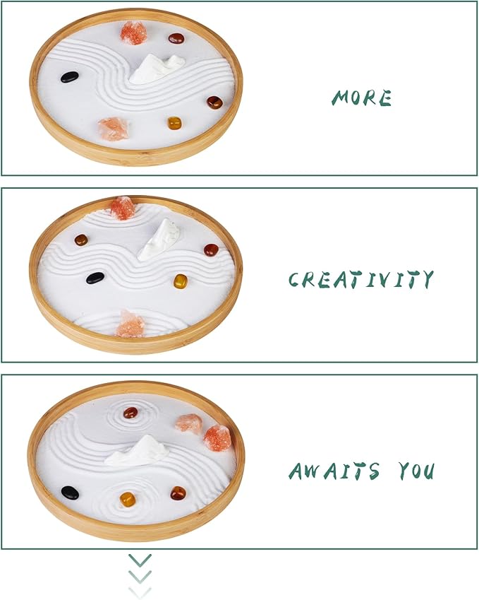 Melonva Japanese Zen Garden for Desk - Static Mountain 10" x 10" Desktop Mini Zen Garden with White Sand Artificial Tree Rocks Rakes & Accessories - Meditation Zen Gifts Sand Garden Kit for Office