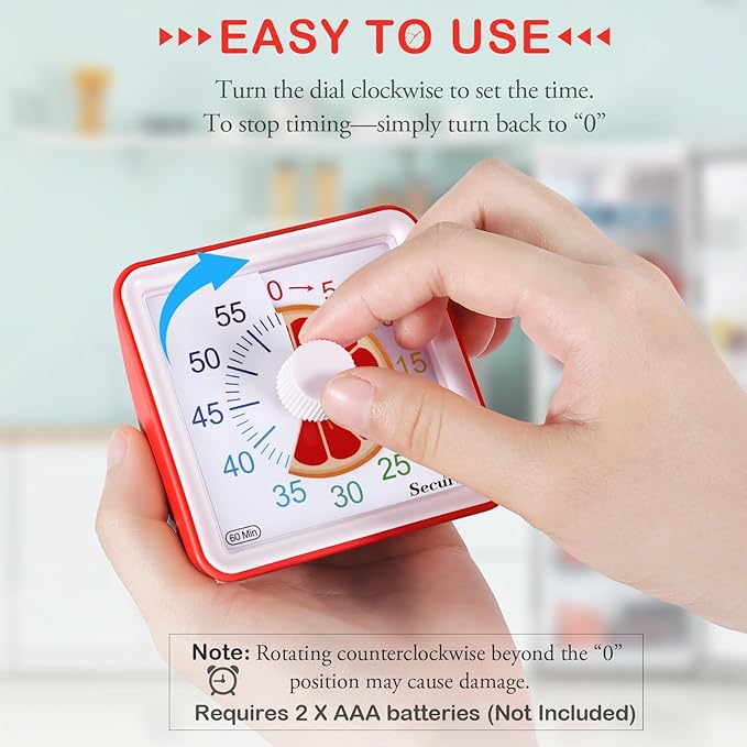 Secura 60-Minute Visual Countdown Timer for Kids & Adults, Classroom Time Management Tool (Red)