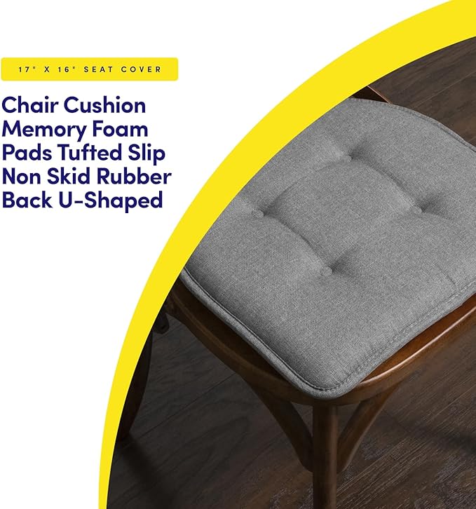 Sweet Home Collection Chair Cushion Memory Foam Pads Tufted Slip Non Skid Rubber Back U-Shaped 17" x 16" Seat Cover, 2 Count (Pack of 2), Grey