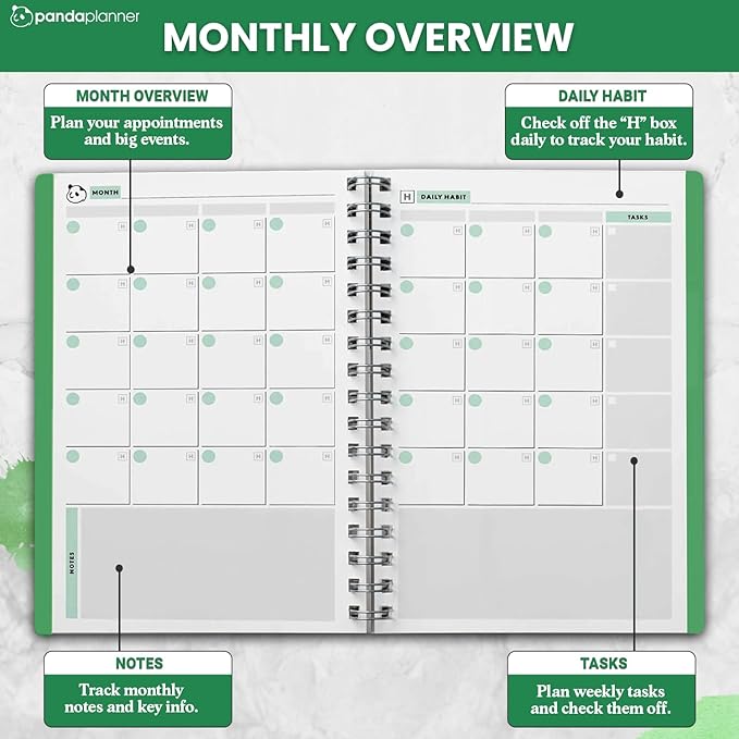 Panda Planner 2025-2026 Undated Daily Planner 5.75" x 8.25" – 90-Day Spiral Productivity & ADHD Planner with Hourly Schedule, Habit Tracker, To-Do List & Monthly Calendar – Panda Journal for Home & Office (Green)