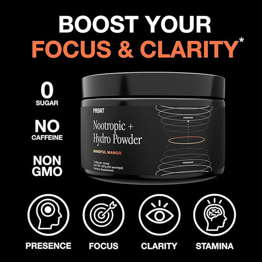 PRSNT Nootropic Drink Powder – Mango Flavor – Focus, Energy & Brain Boost Supplement – Lions Mane, Alpha GPC, L-Tyrosine, Magnesium, Electrolytes – 25 Servings, Caffeine-Free, Sugar-Free