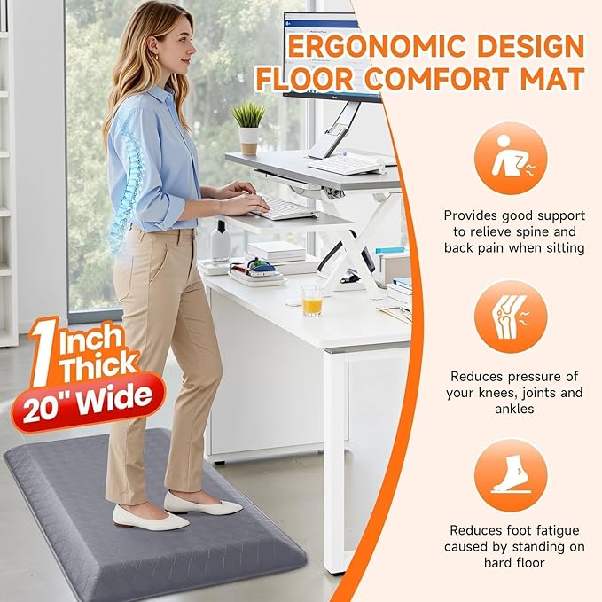 StepRite 1” Thick Kitchen Mats for Floor, Anti Fatigue Kitchen Rugs, Non-Slip,Heavy Duty Waterproof Kitchen Rug, Standing Desk Mat for Home, Kitchen, Office, (Grey)