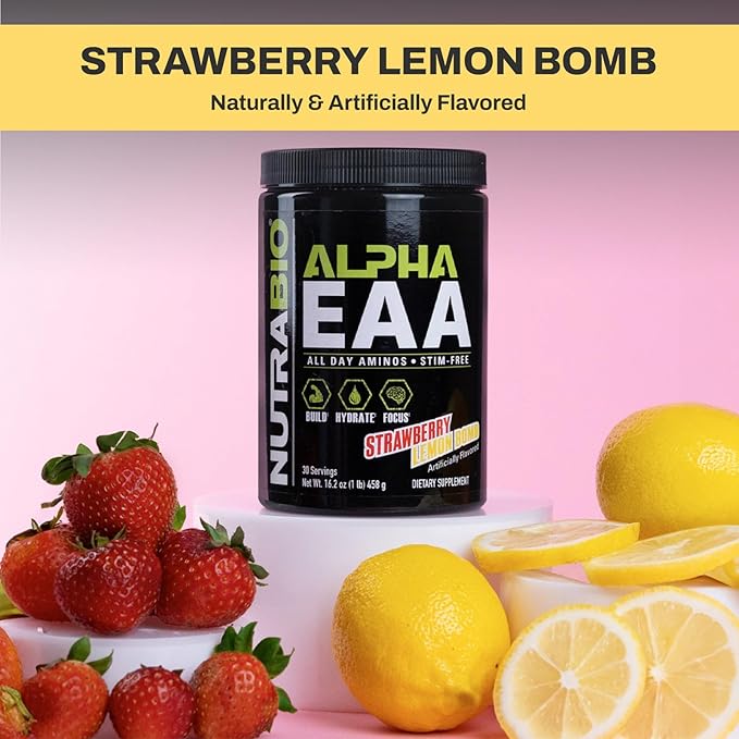 NutraBio Alpha EAA - All-Day Amino Acids for Muscle Growth and Hydration - Essential Amino Acids with Nootropics & Adaptogens- Full Spectrum EAA BCAA Powder - 30 Servings - Strawberry Lemon