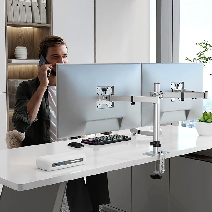 Pholiten Dual Monitor Stand, Heavy Duty Adjustable Monitor Arm Desk Mount for 2 Screens up to 42Inches, Tilt, Swivel, Rotate, Supports Tilt, Swivel, Rotate, Supports 22 lbs per Arm,Silver