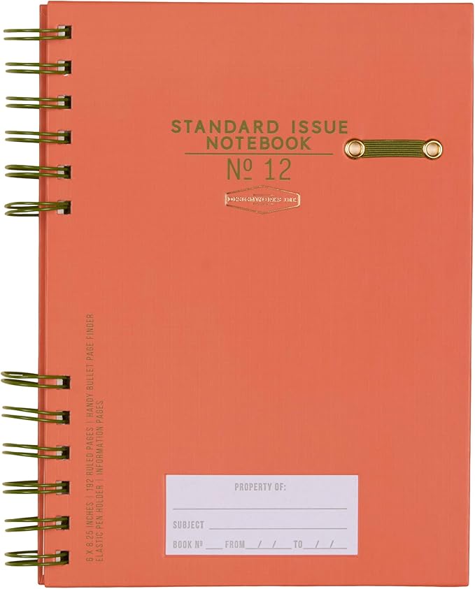 DesignWorks Ink Standard Issue Notebook No. 12 – 6" x 8.25" Undated Daily Planner & Writing Journal, 192 Lined Pages, Elastic Pen Holder, Small Notebook for Work & Journaling - Army Green + Chili