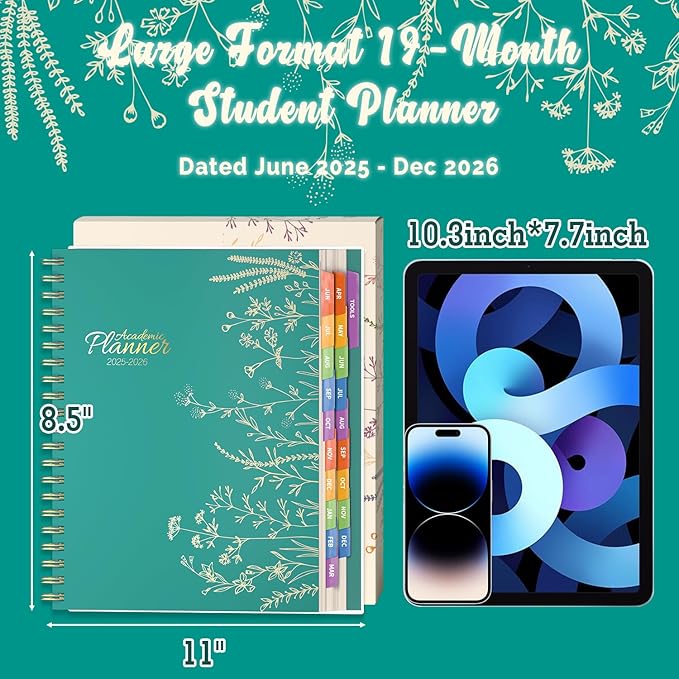 Jun 2025-Dec 2026 Academic Monthly Weekly Daily Planner for School, 19 Months Calendar 25-26 Planning Book with Colorful Tabs, 8.5" x 11" Mid Year College Organizer for Student Teacher (Turquoise)