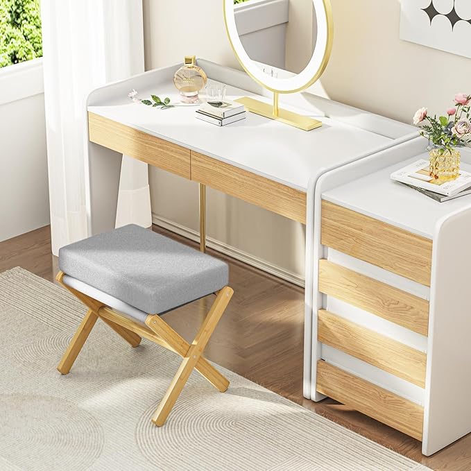 Foldable Foot Stool Ottoman, Modern Foot Rest with Bamboo X Legs & Thick Foam Cushion, Folding Foot Stools Small Padded for Bedroom Living Room, Makeup Vanity Stool Chair (Natural - Grey)