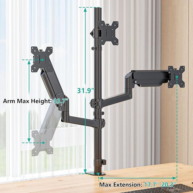 WALI Triple Monitor Mount for 13-32 inch Screens, Taller 3 Monitor Desk Mount, up to 19.8lbs, 31.9 inch Height Max, Adjustable Gas Spring Triple Monitors Stand, VESA 75/100mm (GSDM003S), Black