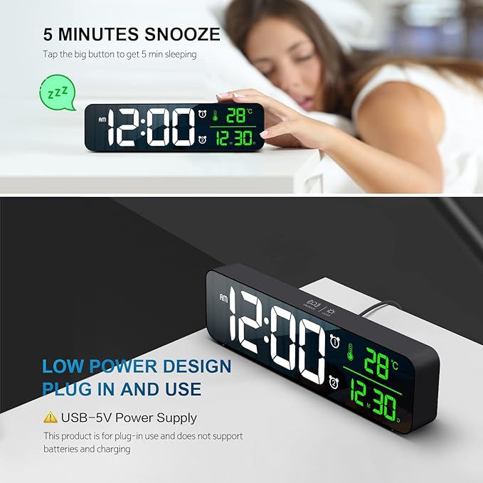 Digital Clock, Clock for Bedroom, Digital Wall Clock, Clocks for Living Room Decor, Desk Clock, Table Clock, Digital Clock Large Display, Smart Alarm Clock for Office Green (Wired Black+Green Digit)