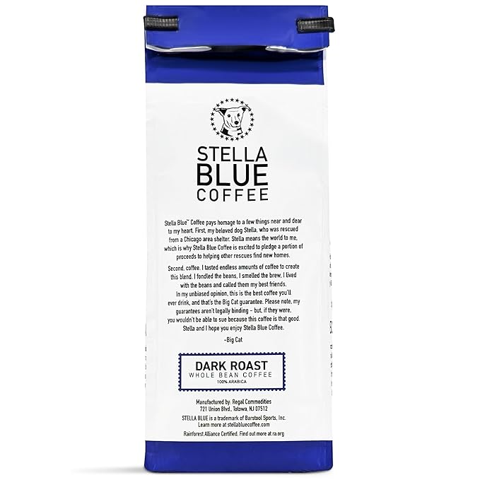 Stella Blue Whole Bean Coffee, Electric Avenue Blend, Dark Roast, Toffee, Dark Chocolate & Subtle Smokey Notes, 100% Arabica, Ethically Sourced from Central and South America, 12 oz bag