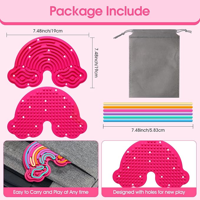 Sensory Activity Board Silicone Fidget Toy, Double-Sided Rainbow Sensory Toys for Autism, Stress, Anxiety, ADHD, Kids 3+& Adults, Includes Travel Bag & 12 Strings, Red