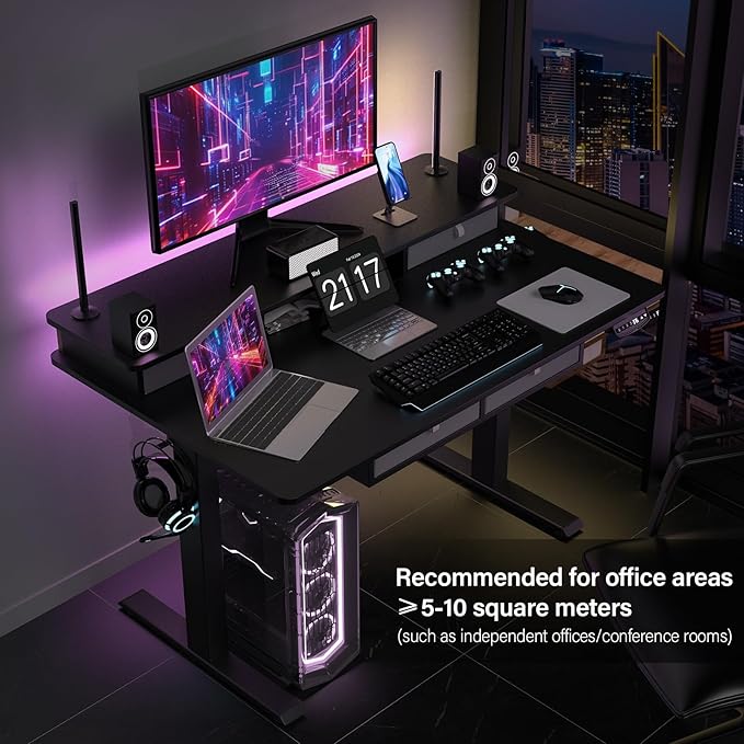 48 * 30 Inches Electric Standing Widened Desk Adjustable Height with 4 Drawers, Double Storage Shelves, Home Office Workstation Sit Stand up Desk (Classical Black)