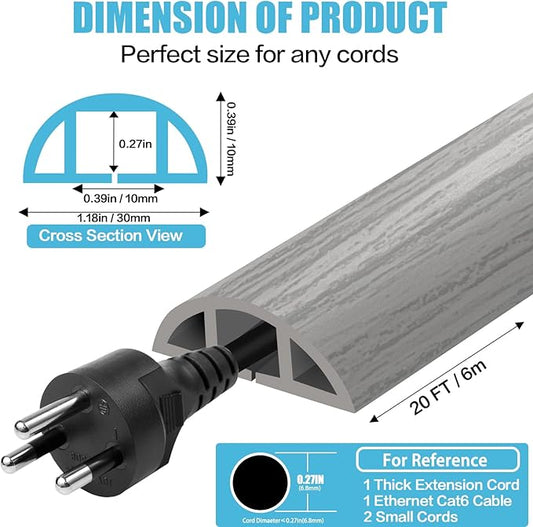 Floor Cord Cover Self Adhesive Cord Hider,20FT Cable Management, Extension Strip Protector for Wires, Prevent Cable Trips for Offices, Gyms, Exhibitions Cavity:0.39"(W) x 0.27"(H) Gray Wood