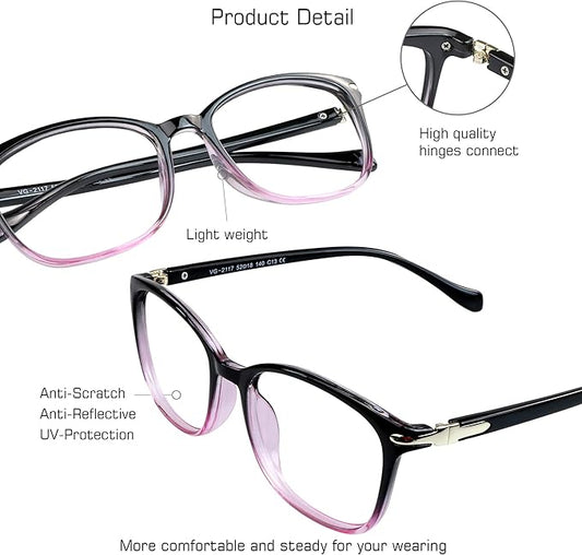 VisionGlobal Blue Light Blocking Glasses for Women/Men, Anti Eyestrain, Computer Reading, TV Glasses, Stylish Square Frame, Anti Glare(Black Purple,+0.25 Magnification)