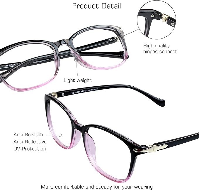 VisionGlobal Blue Light Blocking Glasses for Women/Men, Anti Eyestrain, Computer Reading, TV Glasses, Stylish Square Frame, Anti Glare(Black Purple,+4.75 Magnification)