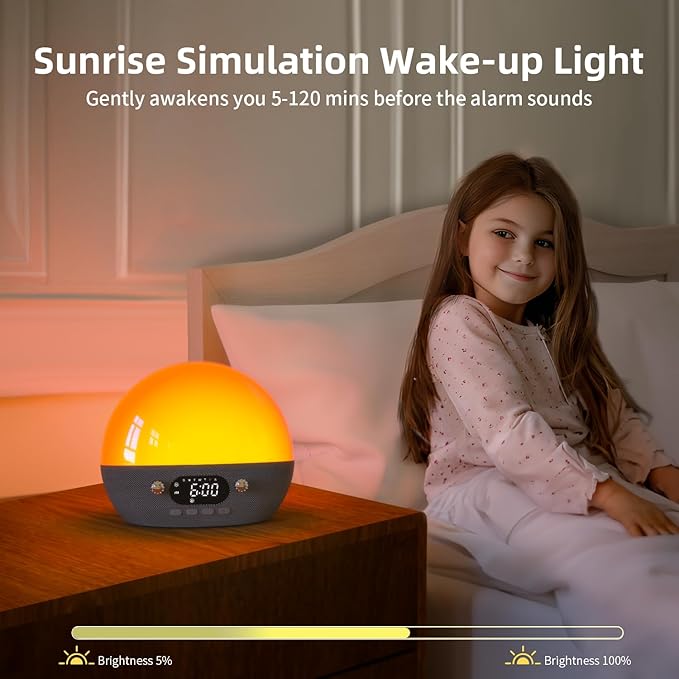 MOMILLA Sunrise Alarm Clock- Bluetooth Speaker with Smart Alarm Clocks for Bedrooms, Alexa & APP Control, 11 White Noise Sound Machine, Sunset Night Light Wake up Light for Kids& Heavy Sleepers