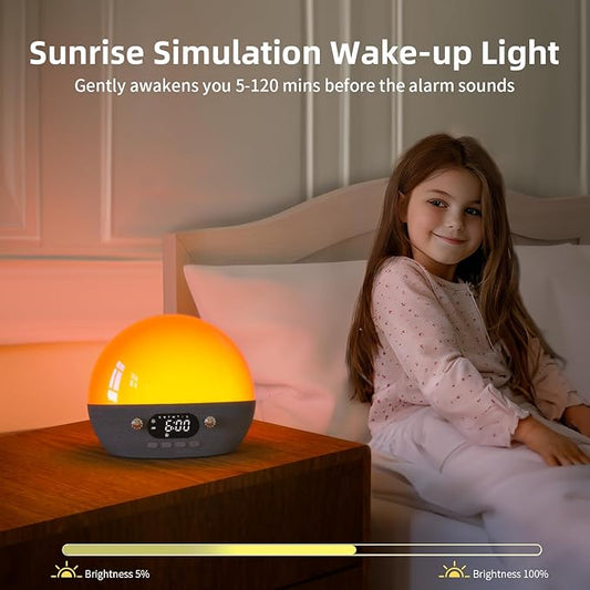 MOMILLA Sunrise Alarm Clock- Bluetooth Speaker with Smart Alarm Clocks for Bedrooms, Alexa & APP Control, 11 White Noise Sound Machine, Sunset Night Light Wake up Light for Kids& Heavy Sleepers