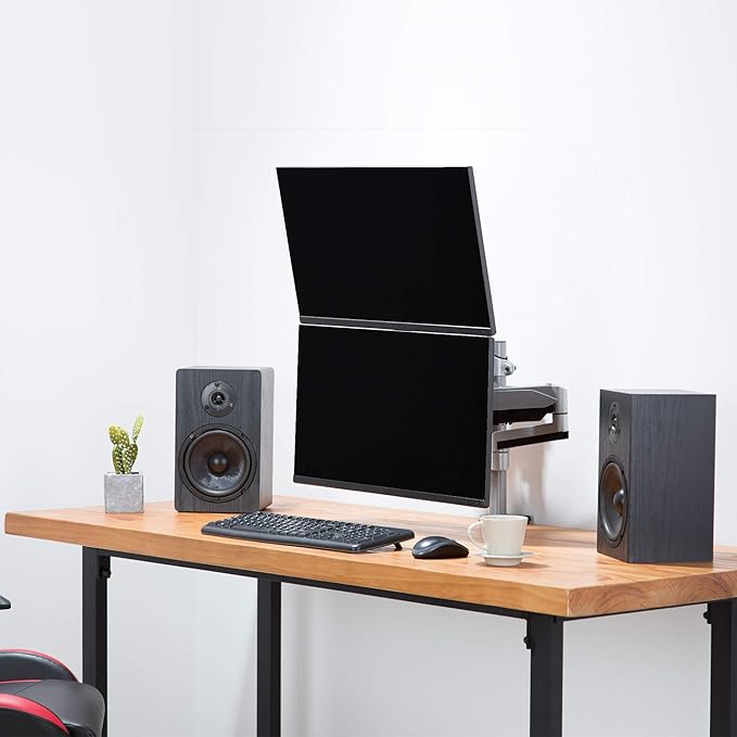 AVLT Dual 13 to 27 in Stacked Monitor Arm Desk Mount, Fits Two Flat or Curved Screens, Full Motion Height Adjustable Swivel Tilt Rotation, VESA C-Clamp Grommet Cable Management