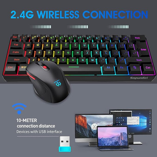 Snpurdiri 60% Wireless Gaming Keyboard and Mouse Combo, Include 2.4G Small Mini 60% Merchanical Feel Keyboard, Ergonomic Design Vertical Feel Wireless Mouse