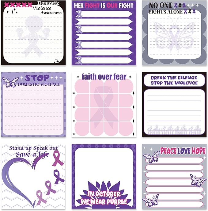 Domestic Violence Awareness Sticky Notes Gifts, 9 Pack Domestic Violence Prevention Month Notepads 3x3 Inch, Purple Ribbon Post Memo Pads Office School Supplies for Men Women (450 Sheets)