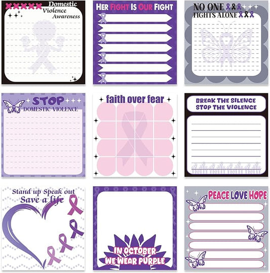 Domestic Violence Awareness Sticky Notes Gifts, 9 Pack Domestic Violence Prevention Month Notepads 3x3 Inch, Purple Ribbon Post Memo Pads Office School Supplies for Men Women (450 Sheets)