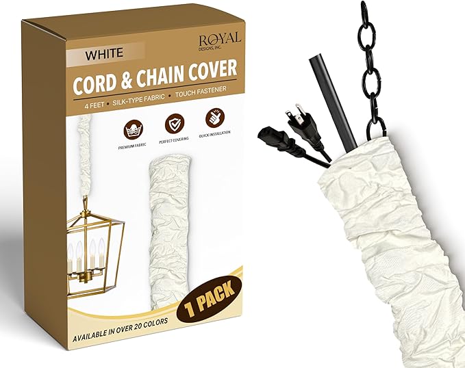 Royal Designs, Inc. Cord & Chain Cover 4 ft Silk Type Fabric, Chandelier Pendant Lighting Chain & Cable Management, Touch Fastener, White - 1 Pack
