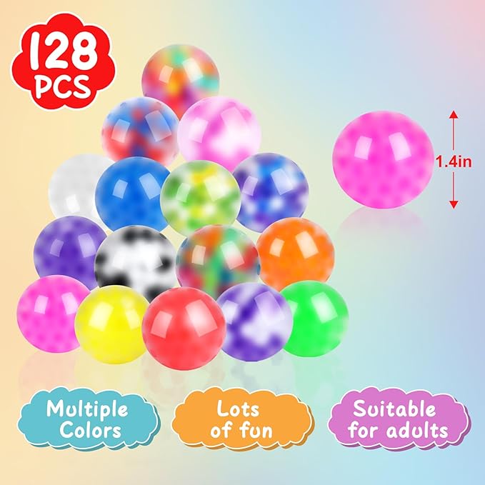128 Pack Stress Balls for Adults, Bulk Squishy Ball, BulkStress Balls Set, Anti-Anxiety and Fidget Balls to Relax, Party Favors, Birthday Gifts, Goodie Bag Stuffers