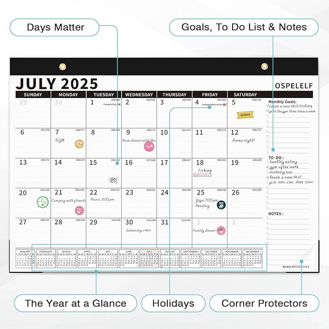 Ospelelf Magnetic Calendar 2025-2026 for Refrigerator, Desk Wall Calendar, July 2025 to December 2026, Monthly Large Planner Pad with Plastic Cover 17" X 12" Black