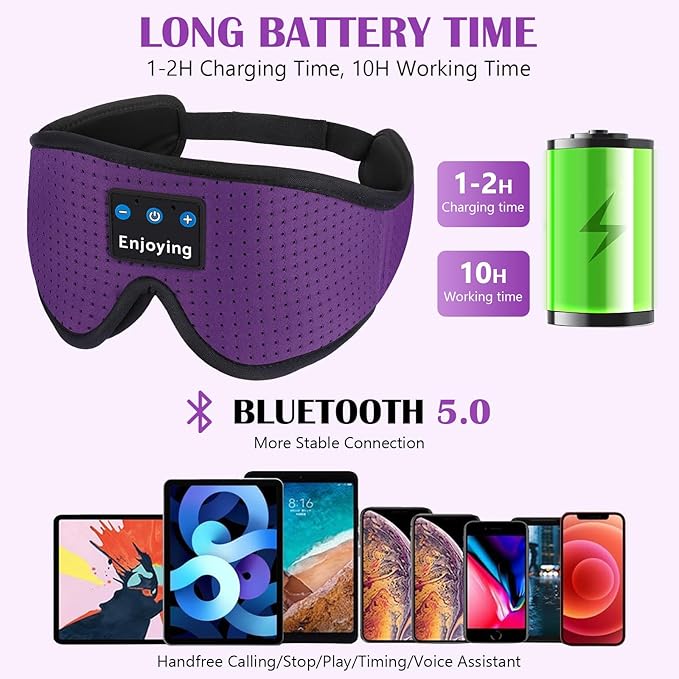 Sleep Headphones, Sleep Mask Bluetooth Wireless Music Eye Mask, Mask with Bluetooth Headphones Ultra-Thin Stereo Speakers Perfect for Sleeping (Purple)