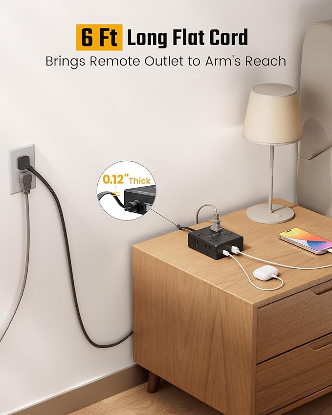 6Ft Extension Cord with Multiple Outlets, Flat Plug Power Strip Surge Protector, 8 Outlet 4 USB Ports (2 USB C), Wall Mountable, Desk Charging Station for Home Office, College Dorm Room Essentials