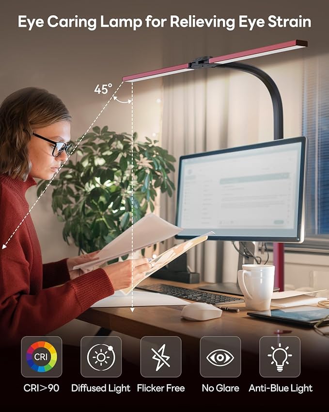 LED Desk Lamp for Home Office, Eye-Caring Desk Light with Clamp, Stepless Dimming 24W Double Head Architect Task Lamp with Remote Control, Flexible Gooseneck for Working Studying Reading Drafting（RED)