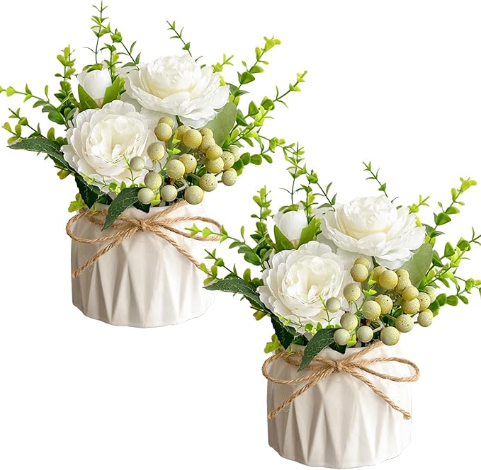 Faux Flowers with Vase, 2pcs Small White Artificial Flowers Arrangement, Potted Plants,Decoration for Bathroom Home Party Office Desk Wedding,Coffee Table Decor (White)