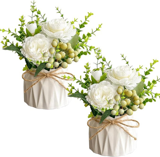 Faux Flowers with Vase, 2pcs Small White Artificial Flowers Arrangement, Potted Plants,Decoration for Bathroom Home Party Office Desk Wedding,Coffee Table Decor (White)