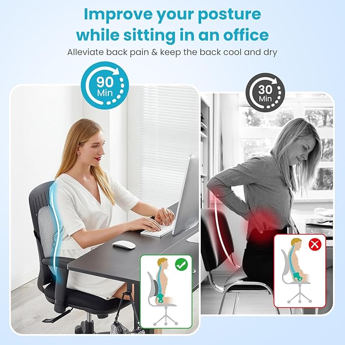 Lumbar Support Pillow Office Chair Car Back Pillow, Ergonomic Lower Back Pain Relief Breathable Air Fiber Cushion for Long Sitting Worker Driver & Handicapped, Adjustable Strap (Light Grey)