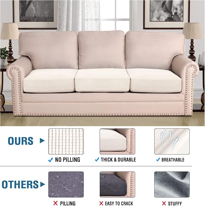 H.VERSAILTEX Super Stretch Couch Cushion Covers Sofa Cushion Slipcovers Jacquard Fabric Individual Seat Couch Slipcover Sets for Pets with Elastic Bottom(3 Packs Cushion Sofa Covers, Ivory)