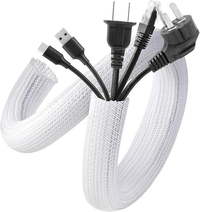 AGPTEK Cable Sleeve Cover, 20ft - 1 inch Desk Cord Organizer Cable Hider, Home Office Wire Management Computer TV Wire Loom Tubing, Pet Proof Cord Protector, from Cat Dog Chewing, White