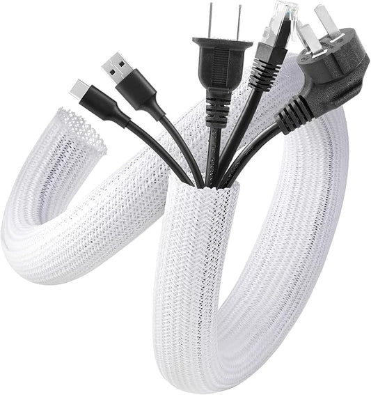 AGPTEK Cable Sleeve Cover, 20ft - 1 inch Desk Cord Organizer Cable Hider, Home Office Wire Management Computer TV Wire Loom Tubing, Pet Proof Cord Protector, from Cat Dog Chewing, White