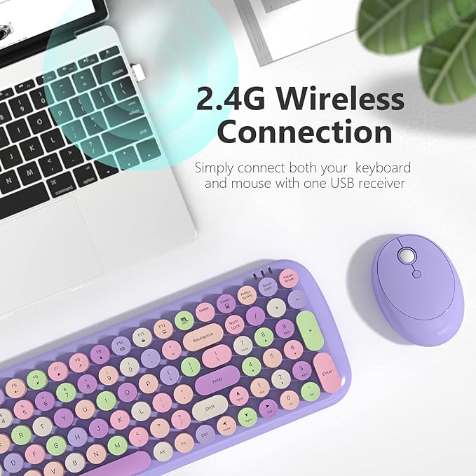 MOFII Wireless Keyboard and Mouse, Typewriter Full Size Keyboard with Number Pad and 2 in 1 USB Connected Mouse for Mac, Windows 7/8/10, Laptop, Desktop, PC, Computer (Purple Colorful)