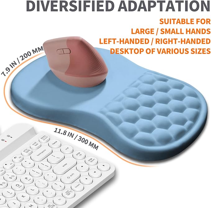 Ergonomic Joint Wrist Support Mouse Pad with Memory Foam Cushion Massage Bump, Carpal Tunnel Pain Relief Mousepad Slope Design for Wrist Rest, 11.8x7.9 in, LightSkyBlue