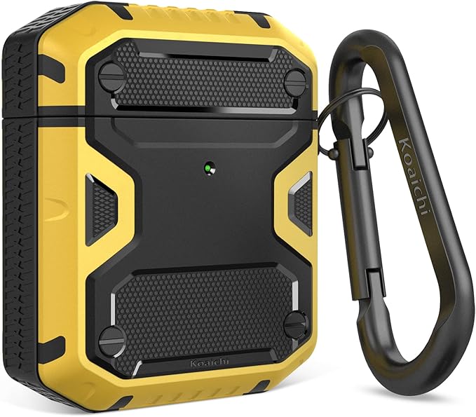 Koaichi Compatible with AirPods Case, Full-Body Rugged Hard Shell Protective Case Cover with Keychain Designed for AirPods 1st & 2nd, Black/Yellow