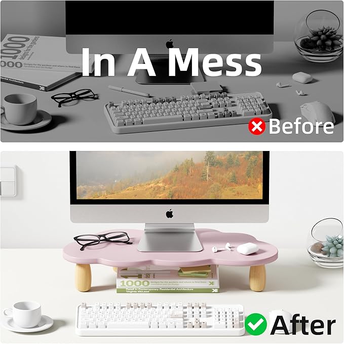 Monitor Stand Riser,Cloud Shape Wood Computer Monitor Stand, Monitor Stand Riser, Multi-Purpose Desktop Organizer Riser for Computer,Laptop,Printer,TV,Purple, Black