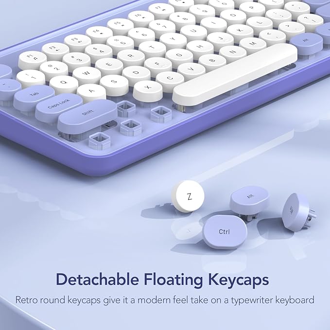 Wireless Keyboard and Mouse Combo, Retro Round Keycap Typewriter Keyboard with Phone/Tablet Holder, Cute Colorful Keyboard for Computer/Laptop/Windows by SABLUTE (Purple)