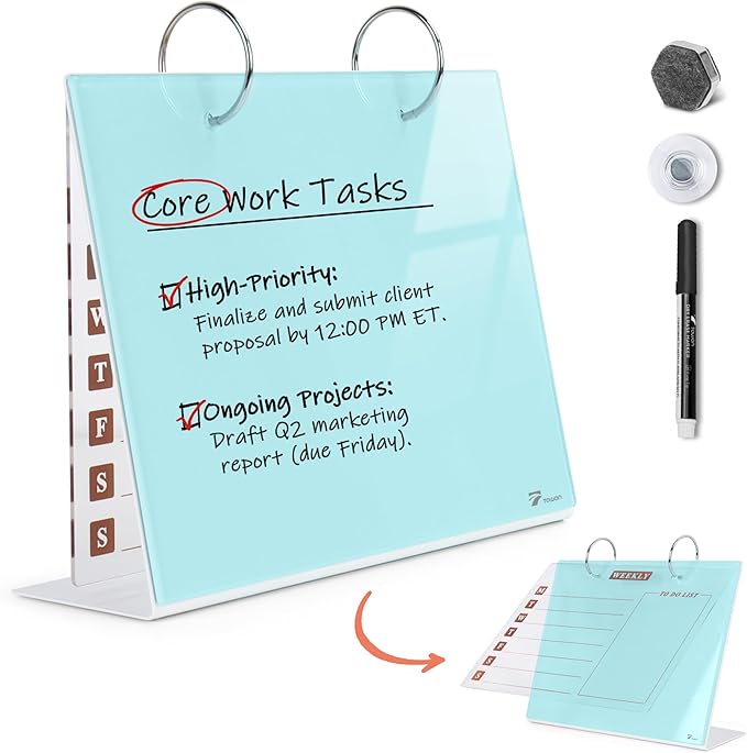 Desktop Glass Dry Erase & Acrylic Aesthetic Calendar Weekly to-do List Combo, Small Magnetic Standing Whiteboard, Desk Flip Easel Calendar with Accessories for Home Office Supply, Teal Blue, 9 x 7''