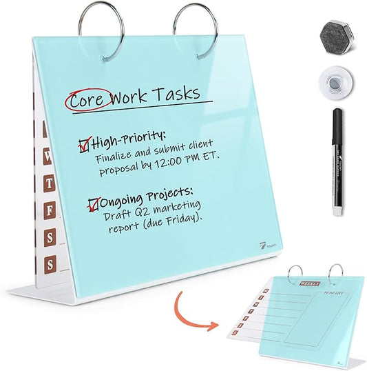 Desktop Glass Dry Erase & Acrylic Aesthetic Calendar Weekly to-do List Combo, Small Magnetic Standing Whiteboard, Desk Flip Easel Calendar with Accessories for Home Office Supply, Teal Blue, 9 x 7''