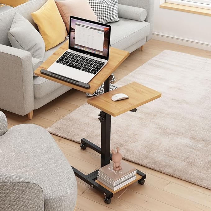 Laptop Desk Stand for Bed Portable Desk Overbed Bedside Mobile Laptop Table Rolling Foldable Table Adjustable Height with Locked Wheels & Mouse Pad for Office Sofa (Natural Color)