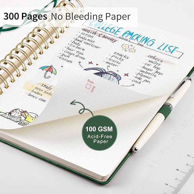 EMSHOI Bullet Dotted Journal Spiral Notebook - 300 Pages, A4 Hardcover Leather, 100 GSM Thick Dot Grid Notebook for Women Men Work Writing, Bullet Journaling, Drawing, 8.27" x 11.2", Dark Green