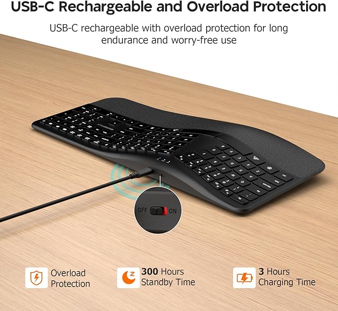 MicroPack Ergonomic Wireless Keyboard with Bluetooth, USB-C Rechargeable & Overload Protection, Wrist Rest, 3-Device Connectivity, Quiet Scissor Switch, Adjustable Tilt for Mac, Windows, PC, Office