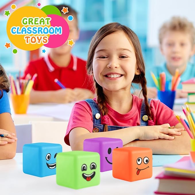 Slow Rising Stress Cube 30 Pack, Square Cube Fidget Ice Cube Stress Balls, Dough Stress Balls Soft Fidget Squishy Toys for Anxiety Relief, Pull Stretch Squishy Toy, Classroom Prize (Smile 4PACK)